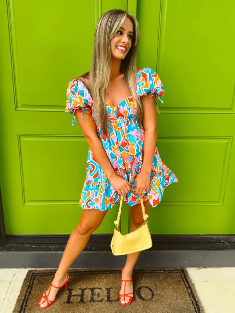 Amanda Uprichard Multicolor Abstract Puff Sleeve Mini Dress